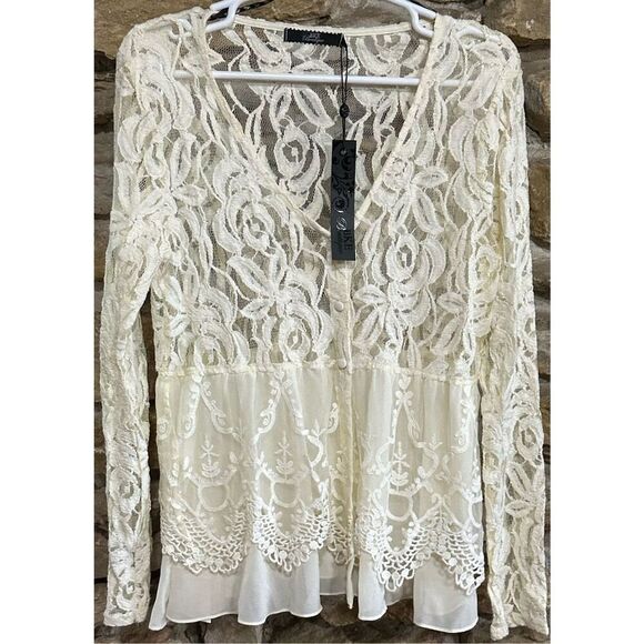 BKE Tops - Women's NWT Button Up BKE Boutique Sheer Ivory Lace Embroidered Long Sleeve Blou
